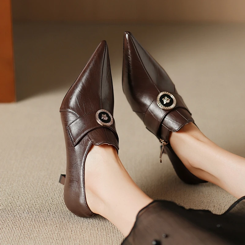 

Women's new spring and autumn pointed leather cowhide metal belt buckle high heels side zipper fashion single shoes work shoes