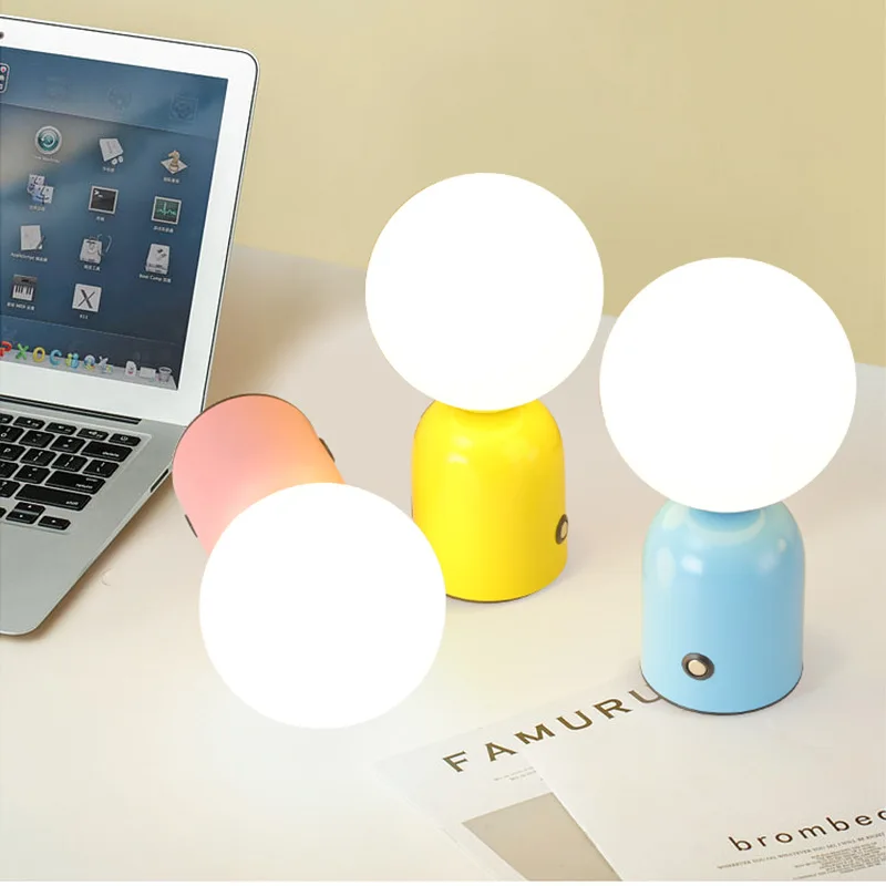 Modern Colorful Desk Lamp Charging White Glass Mini Table Light White Black Yellow Pink Blue Cute Atmosphere Light