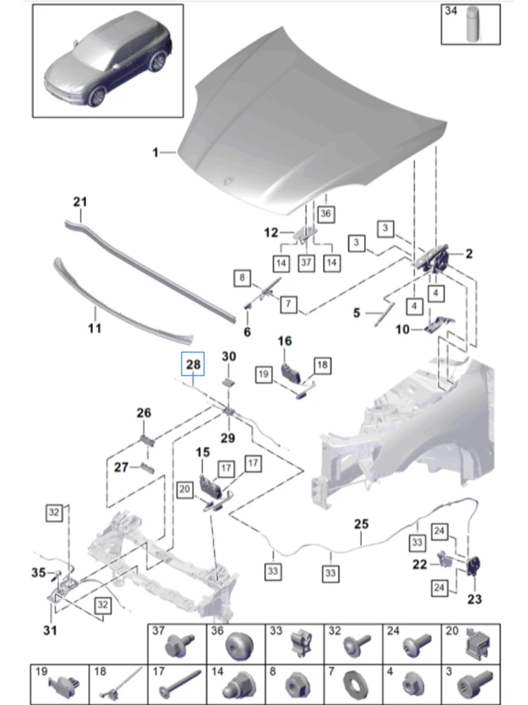 OE 95882354300 95882354301Front engine hood line (right side) for Porsche Cayenne 9YA 2018-2023