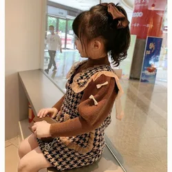 Girls' Autumn  Winter Fashion Checkered Small Fragrant Wind Two Piece Set for Casual Versatile Kids Children's Clothing Dresses