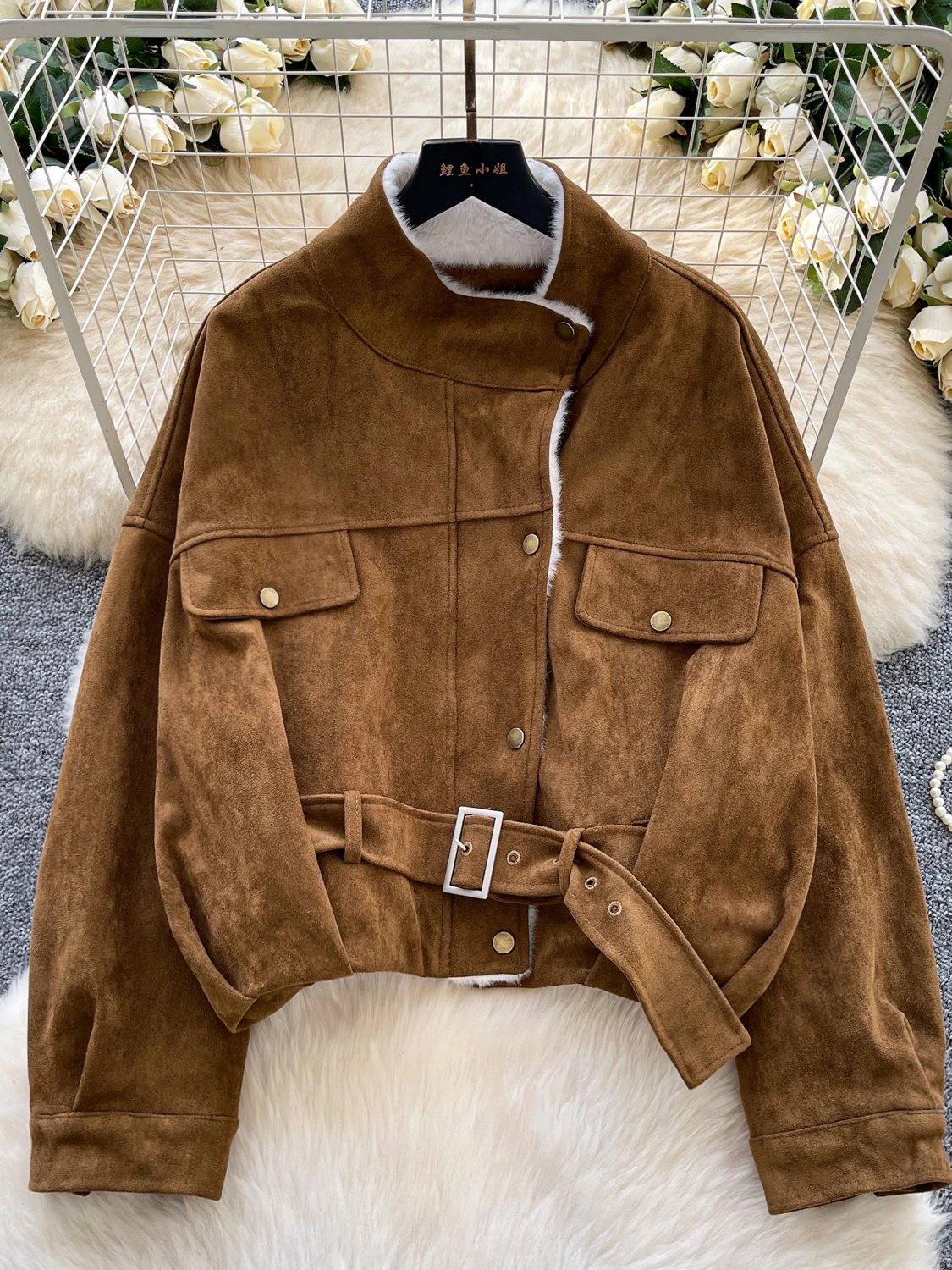 

Американская рабочая одежда в стиле ретро, свободная байкерская куртка, женская зимняя универсальная замшевая бархатная повседневная верхняя одежда с оленем