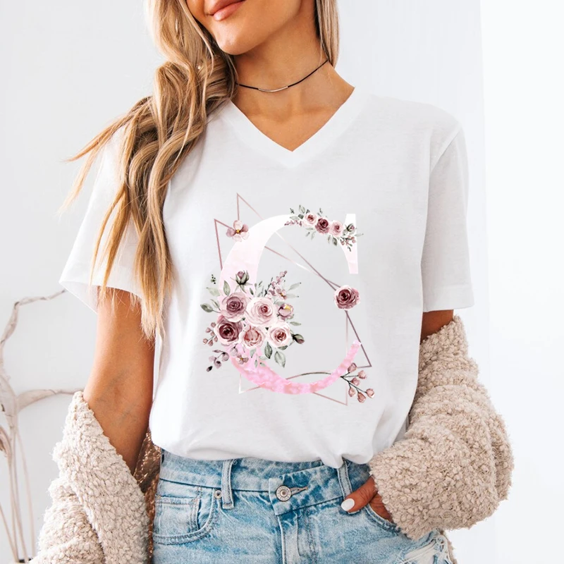 New Women T Shirt A-Z Name Letter Print Short Sleeve Tee Letters ABCD Casual Tops Tees Floral Initial Women's V-Neck T-Shirt