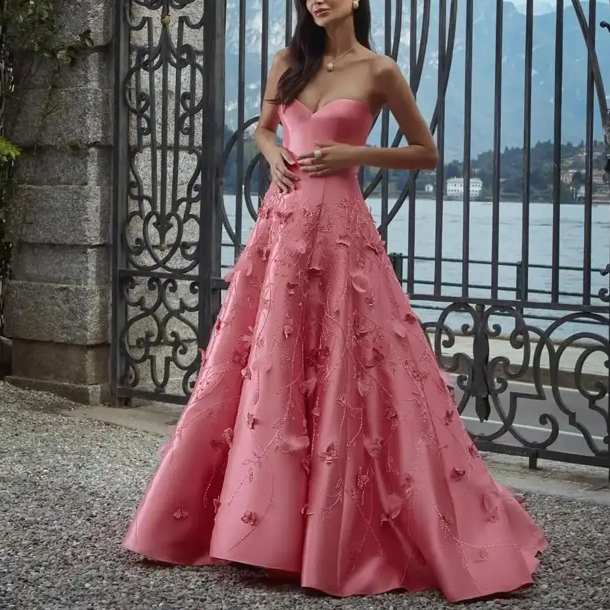 Ofherown-vestidos de noche elegantes con apliques de cuentas, satén rosa, escote en forma de corazón, vestidos de graduación, Vestido de fiesta personalizado
