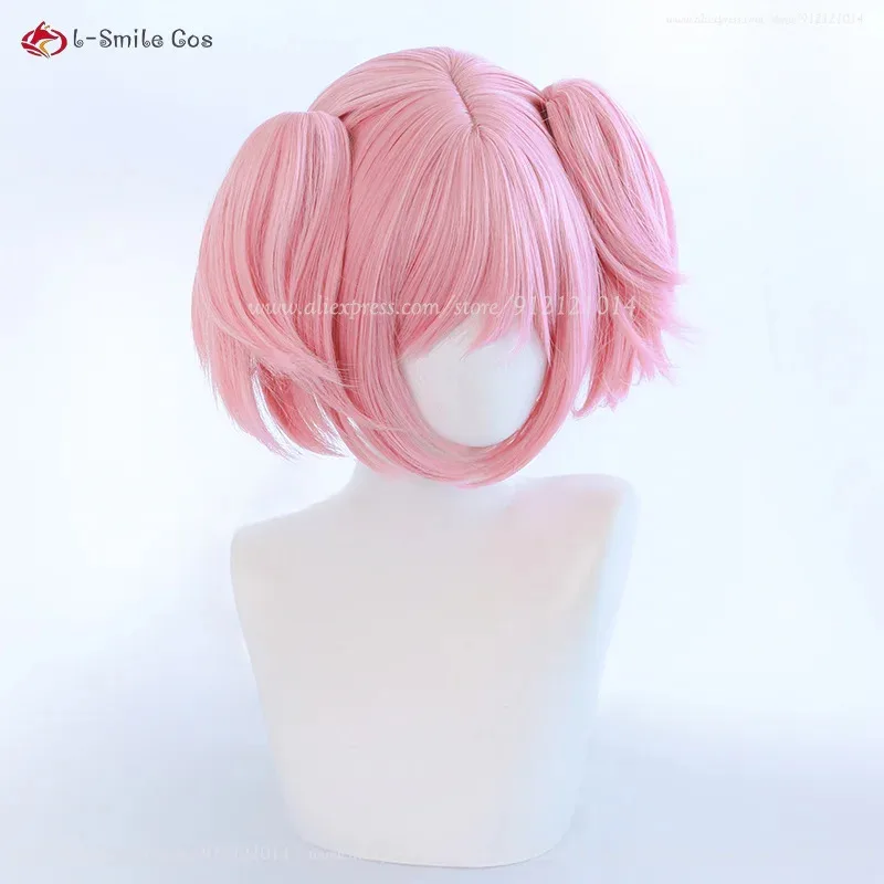 CyAnime Madoka Kaname Cosplay Wig Light Pink Double Ponytail Clip Wig Heat Resistant Synthetic Hair Halloween Party Wigs + Wig C