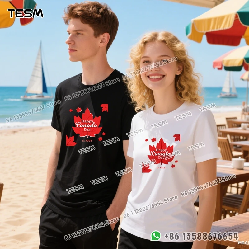 TESM Happy Maple Leaf Print Men Cotton T-shirt Casual Loose Short-sleeve Party Parent-child Outfit Mom Dad Family Vacation Top