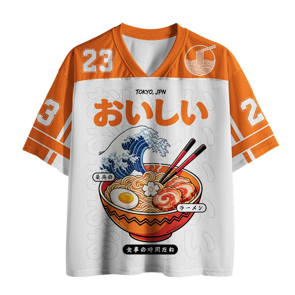 T-shirts en maille Lamian Noodles Kanagawa Wave pour hommes et femmes, col en V, 23 #   T-shirts imprimés à manches courtes