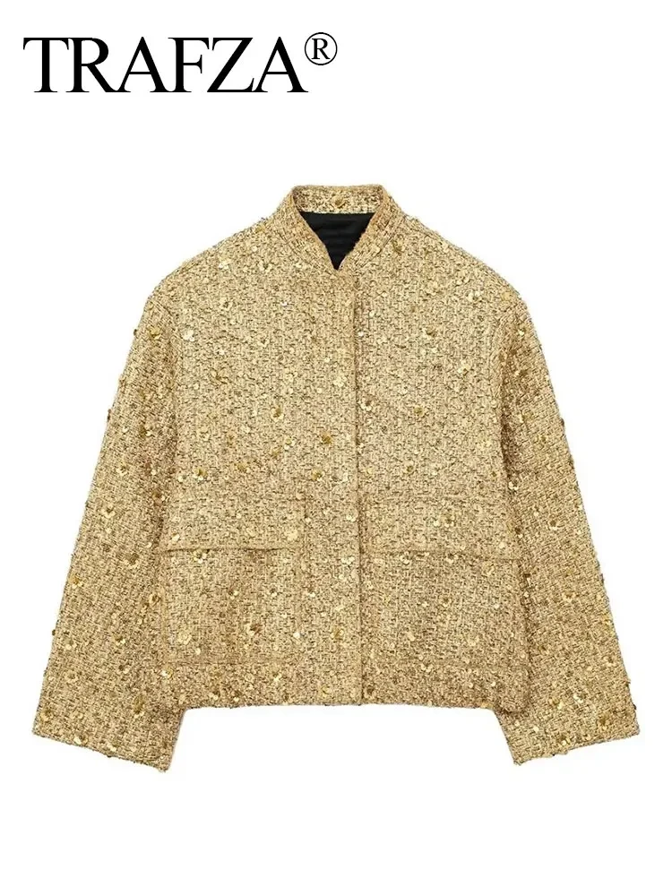 TRAFZA Women Fashion Gold Sequin Coat Casual Loose Stand Collar Long Sleeve Jacket Y2k Vintage Autumn Female High Street Jakcet