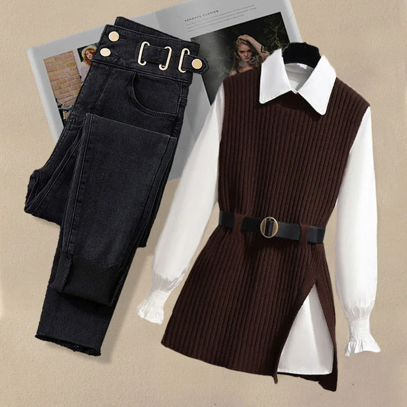 Large Autumn and Winter Suit for Women 2023 New Korean Fashion Knitted Vest Shirt Casual Slim Jeans Three Piece Set