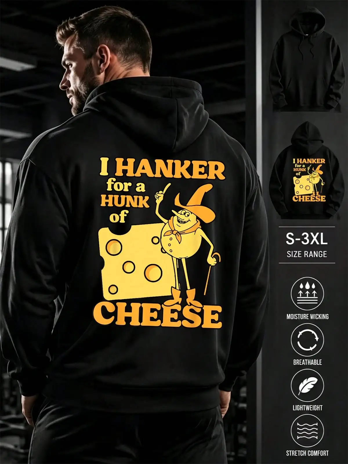 Mens Casual Simple Drawstring Hoodies, Cartoon Cheese Cowboy Back Print, Long Sleeve Sweatshirt Pullover With Pocket