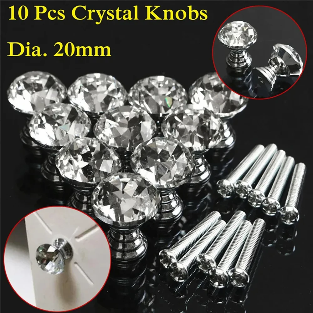 10Pcs/Set 20mm Crystal Glass Knobs Cupboard Drawer Pull Handle Diamond Shape Kitchen Cabinet Door Wardrobe Handles Hardware