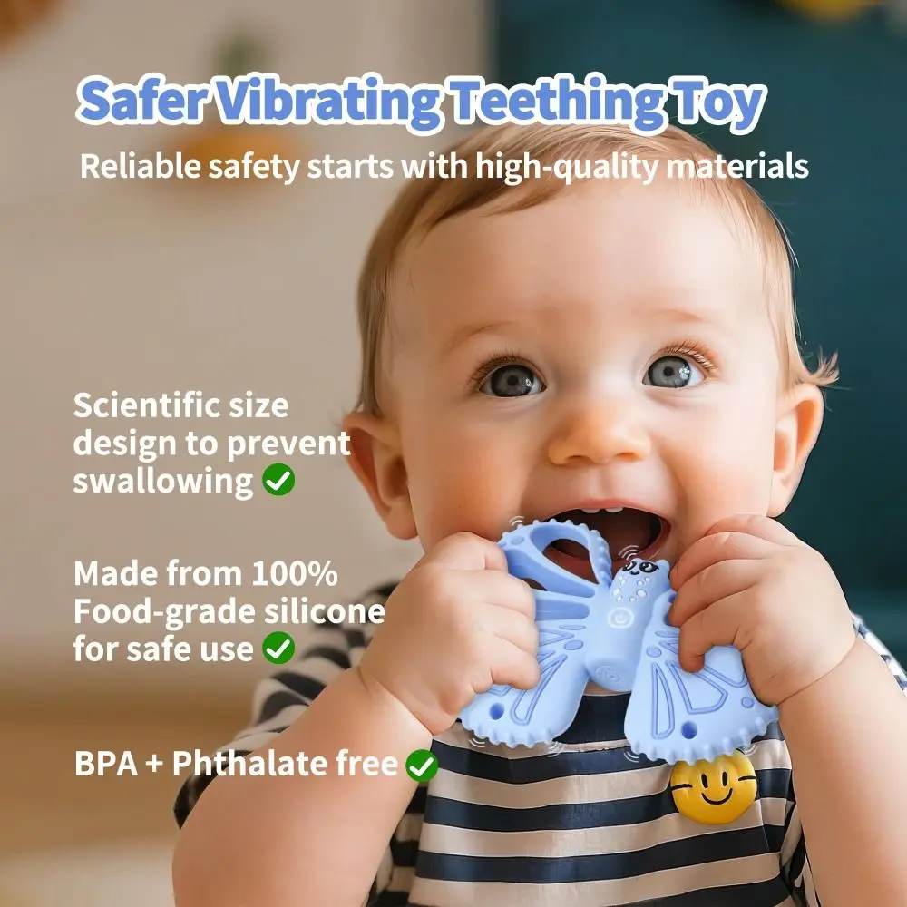 عضاضة تهتز على شكل فراشة من السيليكون بدرجة الطعام، أوضاع اهتزاز 10 سرعات، حسية مضغية ناعمة مع عضاضة للتحكم عن بعد #2