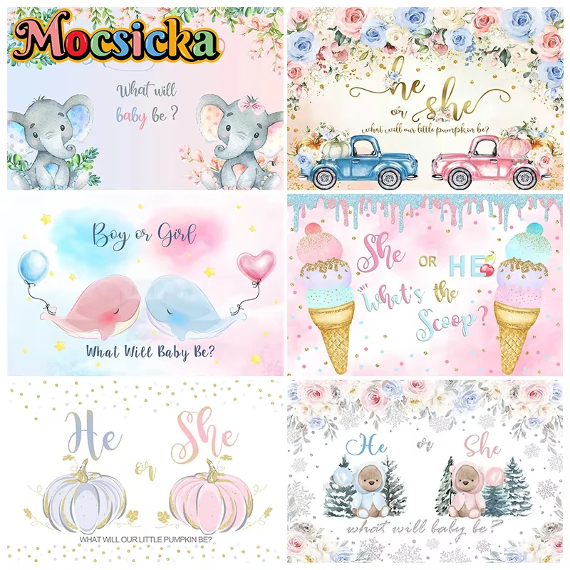 

Mocsicka Gender Reveal Background Baby Shower Boy Girl Bear Elephant Decorations Custom Backdrop Studio Photography Props Banner