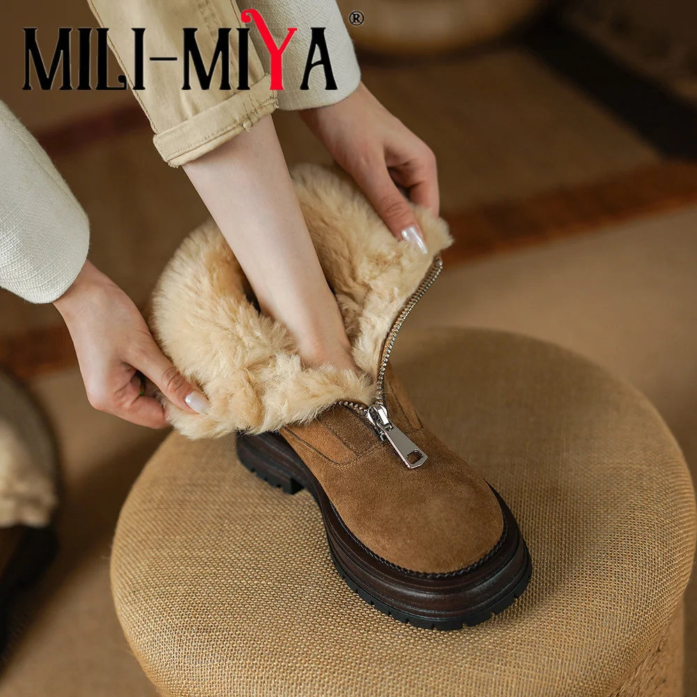 MILY-MIYA New Winter Trend Cow Suede Wool Women Snow Boots Platform Thick Bottom Round Toe Elegant Front Zipper Casual Shoes