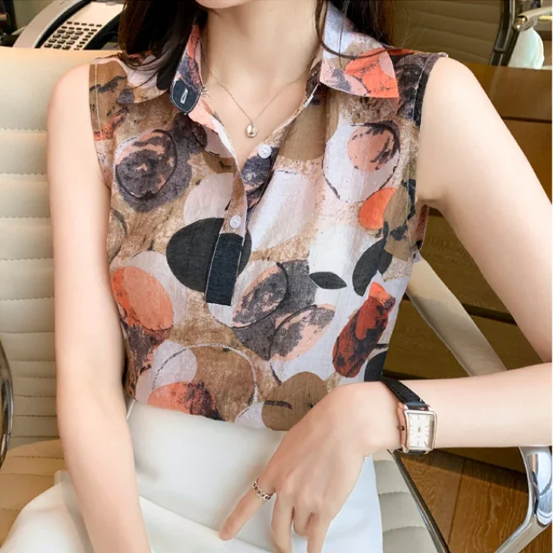 Chiffon Tops Clothes Office Lady Turn Down Collar Floral Print Blouse Summer Tank Top Women Shirts Fashion Blusa Mujer 25370