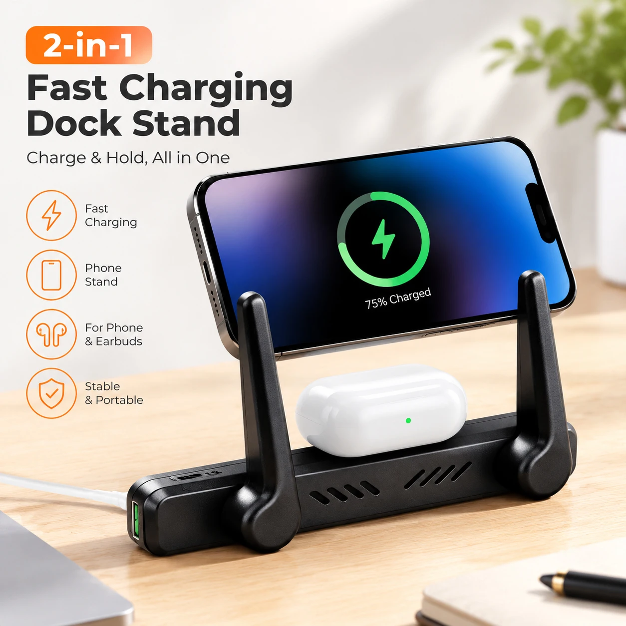 2-in-1 Fast Charging Stand Built-in Phone Stand 360° Rotating 100W Detachable Cable Converter Foldable Phone Bracket for Type-C