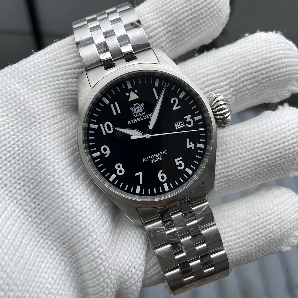 

STEELDIVE Мужские часы-пилот Спортивные 43 мм Автоматические часы Механические наручные часы для дайвера 200 м Водонепроницаемые BGW-9 Светящийся сапфир NH35