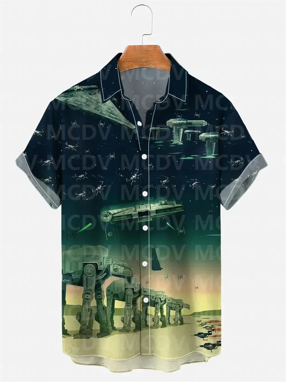 Hawaiian men's short sleeved shirt, lapel top, futuristic technology print, casual, large, 2024 novelty