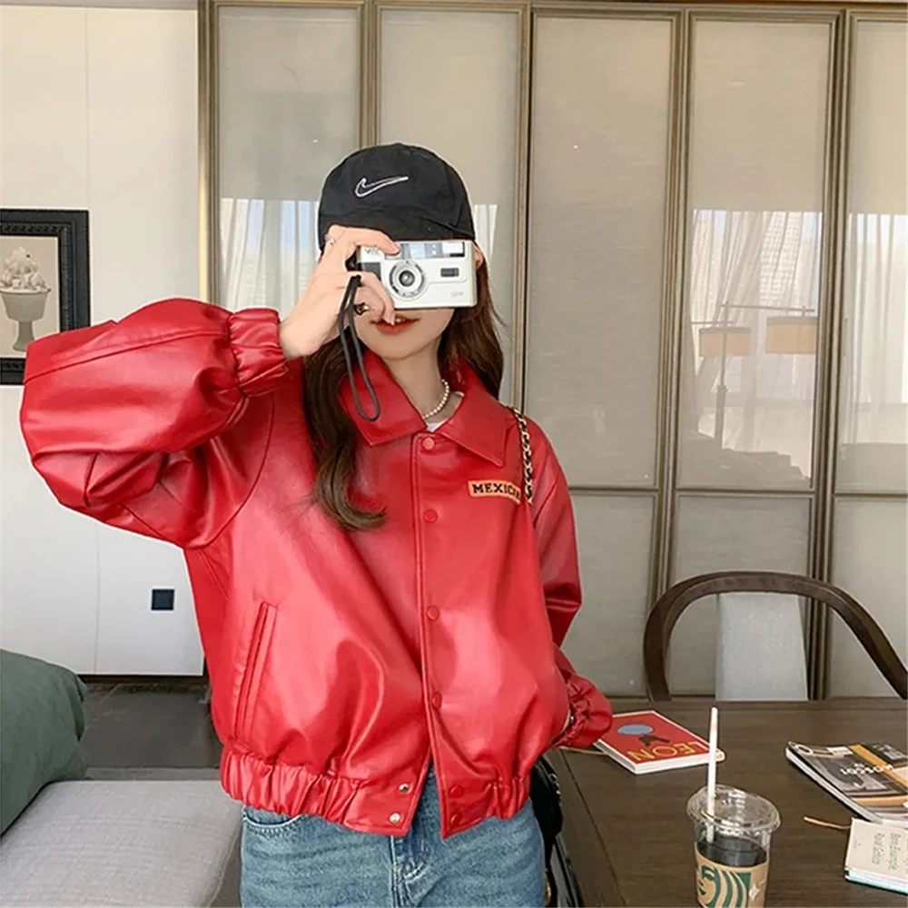 Y2K2024 Spring And Autumn Women\'S New Fashion Leisure Commuter High Street Red Coat Loose Motorcycle Leather