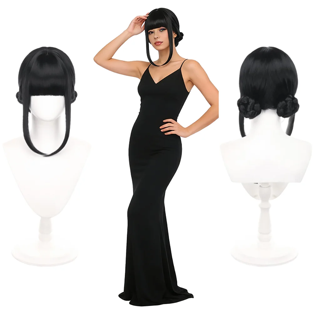 

Pre-Styled Zoey Cosplay Wig Black Dark Purple Double Bun Wig With Long Sideburns Heat Resistant Hair For Halloween Comic Con