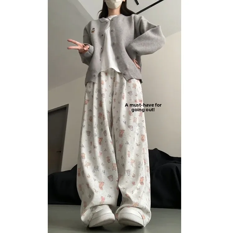 Cute Cartoon Print Dog High Waist Straight Leg Pants Women's Casual Trousers Spring Summer 2025 New Korean Sle Polyester Fiber