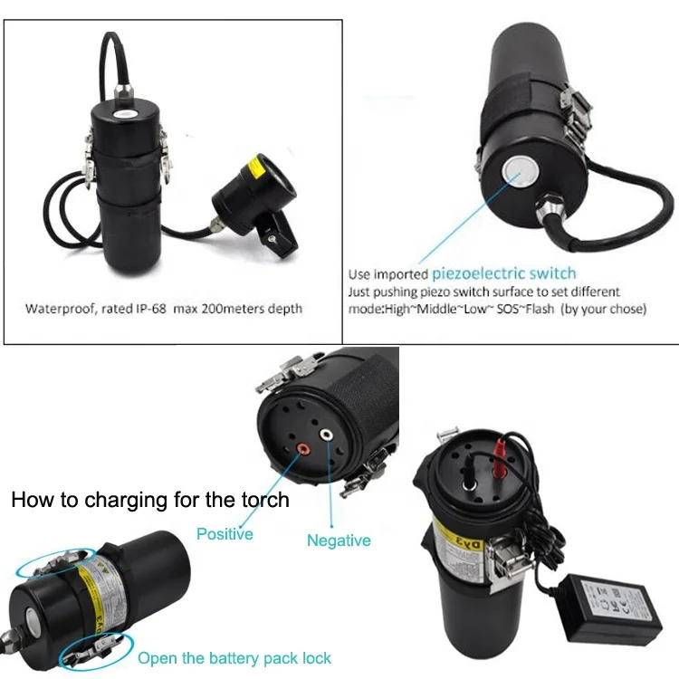 Long Lasting Scuba Canister Dive Torch Rechargeable Under Water Deep Sea Cave Diving LED Flashlight Submersible Lights