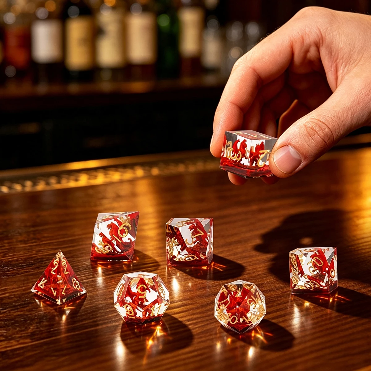 7Pcs Red Transparent Resin Polyhedral Dice Set Inlaid Dragon Gold Number Multi‑Sided Dice for Tabletop RPG Board Party Games