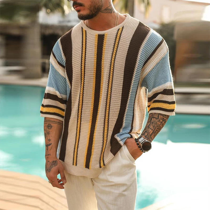 Beach Casual Breathable Hollow Out Knitted Tops Men Summer Jumpers Fashion Striped Crochet Knitting T-shirt Vintage Mens Clothes