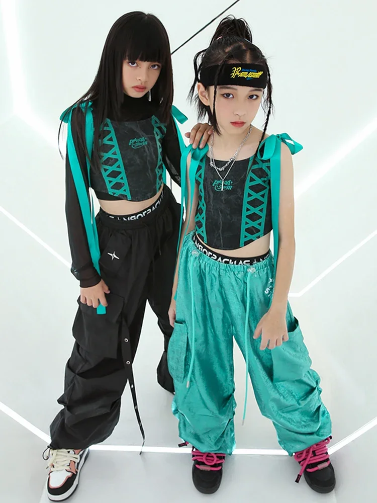 Meninas Roupas de Desempenho Hip Hop, Tops de Mangas Compridas, Calças Verdes, Roupa de Dança de Rua, Moda Infantil