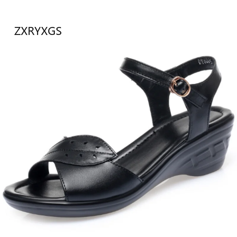 

ZXRYXGS 2025 New Summer Genuine Leather Fish Mouth Shoes Women's Sandals Large Size Elegant Comfortable Mid Heel Wedges Sandals