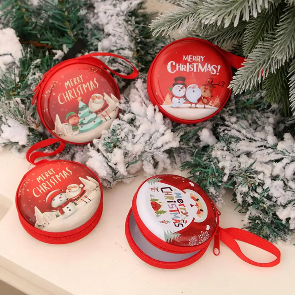 Children's Coin Purse Round Christmas Coin Pouch With Cartoon Pattern Coin Case With Lanyard For Kids Coins Cash Keys Candies