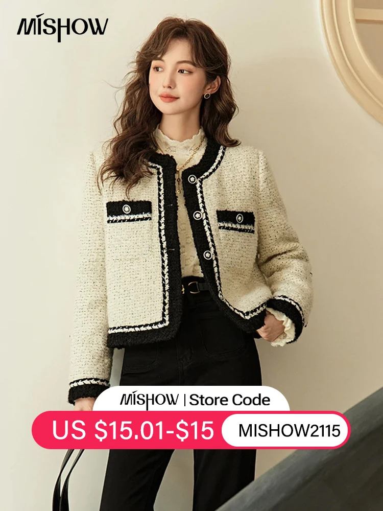 

MISHOW Winter Tweed Down Coat for Women 2023 Elegant Wool Blend Jacket Retro Crew Neck Contrast Thick Warm Outerwear MXC52W0117