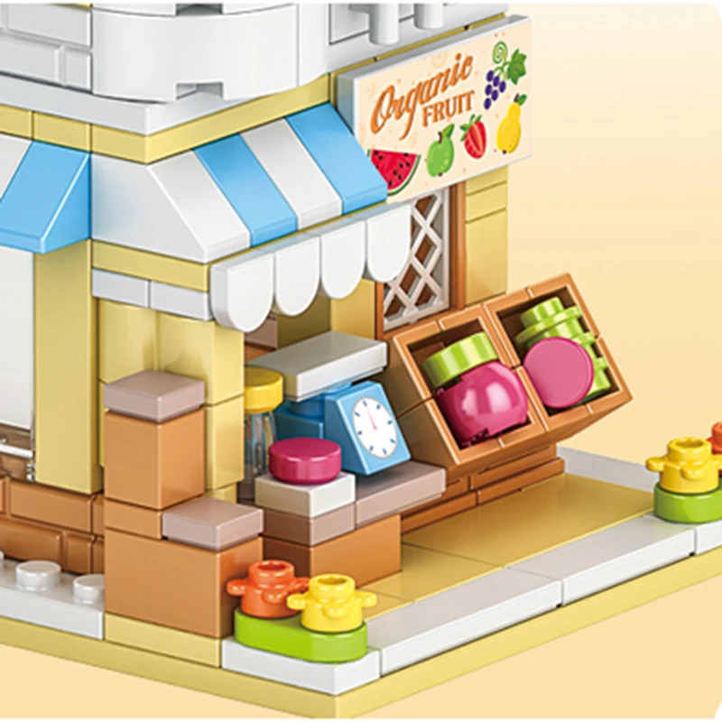 Bloques de construcción de ciudad, tienda de frutas, tienda de flores, conjunto de modelo de casa, decoración de escritorio, juguetes DIY para niños, regalo de cumpleaños y Navidad