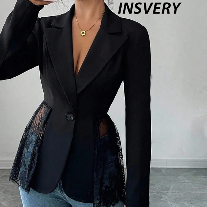 

New Autumn Winter New Fashion Black Small Suit Solid Jacket Design Sense Lace Splicing Commuting Long Sleeve Coat Lady Blazers