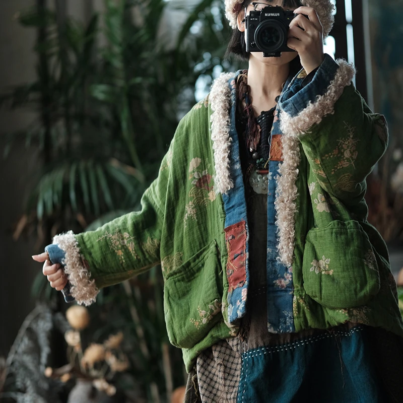 

Толстые теплые хлопковые повседневные пальто, женское Новое поступление, зима 2025 года, винтажный стиль, свободные женские базовые куртки с цветочным принтом M2169