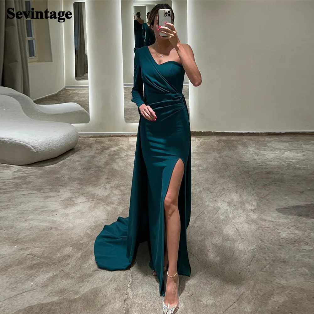 

Sevintage Dark Green Saudi Arabic Prom Dresses One Shoulder Women Formal Evening Dress Side Side Split Spaghetti Outfits 2023