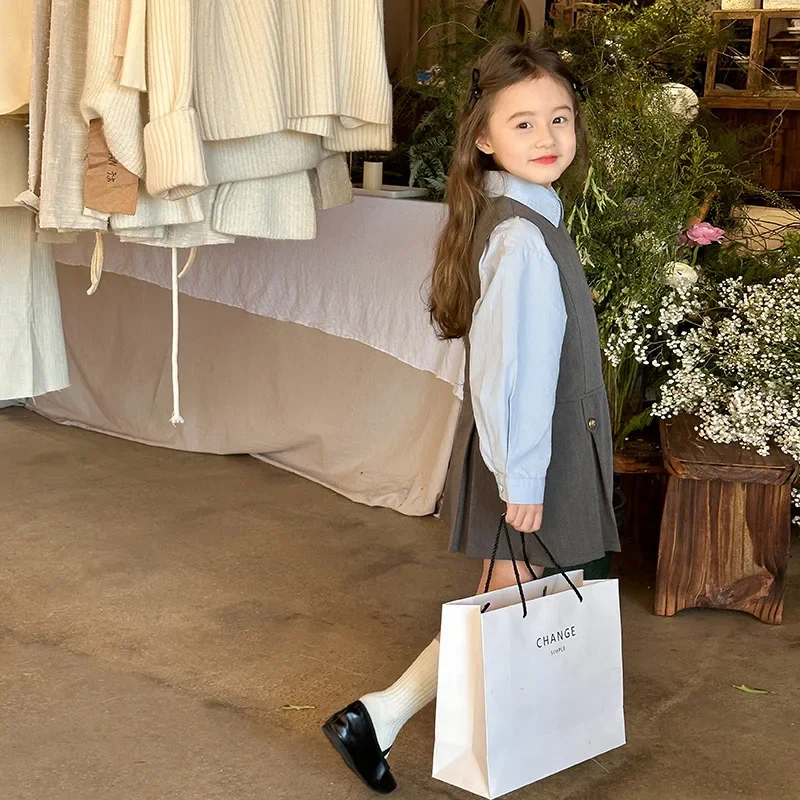 سترة فستان الربيع والخريف موضة كورية جديدة مزاجه نمط الكلية سترة فستان بلون قميص ملابس الاطفال