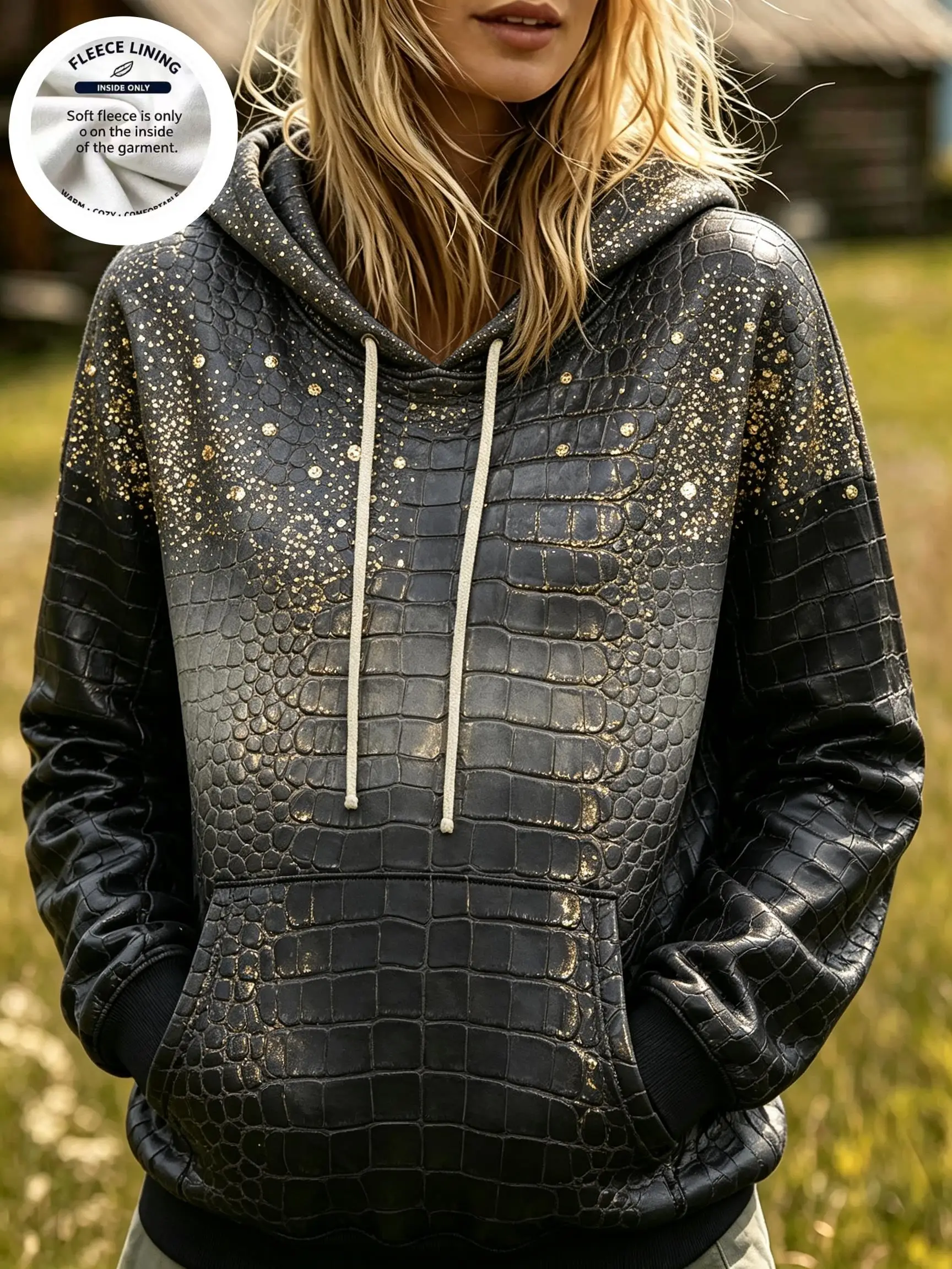 Women Fleece Hoodie Gradient Gold Glitter Marble Leopard Crocodile Texture Print Hooded Pullover