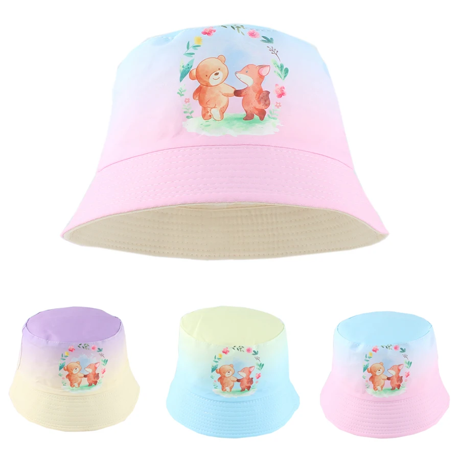 

Kids Bucket Hat Boys Girls Cute Bear Print Fisherman Cap Summer Outdoor Sun Hats Gorras Baby Cartoon Cute Hat 3-7 Years Old