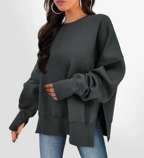 Women's Sweatshirts 2026 Spring Autumn New Loose Round Neck Solid Color Slit Hem Long Sleeve Casual Daily Pullover Sweatshirt