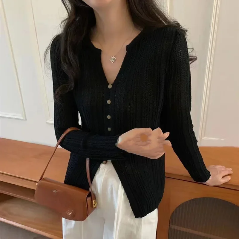 spring Casual slim Long Sleeve sexy V Neck Button Pullover Sweater Autumn Women Knitted Sweaters Femme Solid thin Tops Clothes