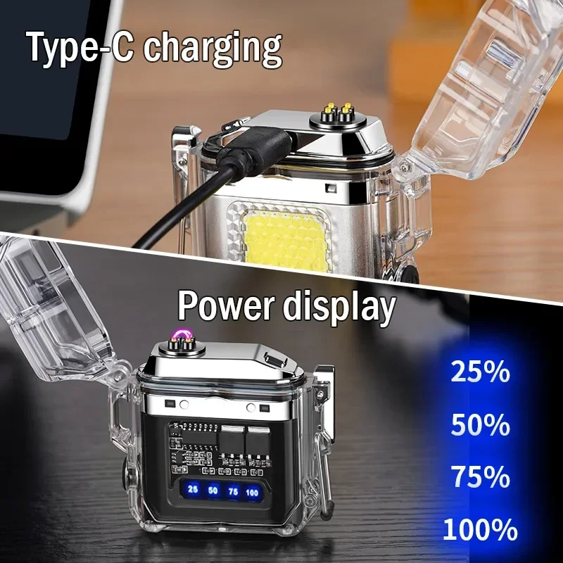 New Mecha-style Transparent Shell Waterproof Electronic Pulse Lighter Type-C Charging Power Display Lighter with Light