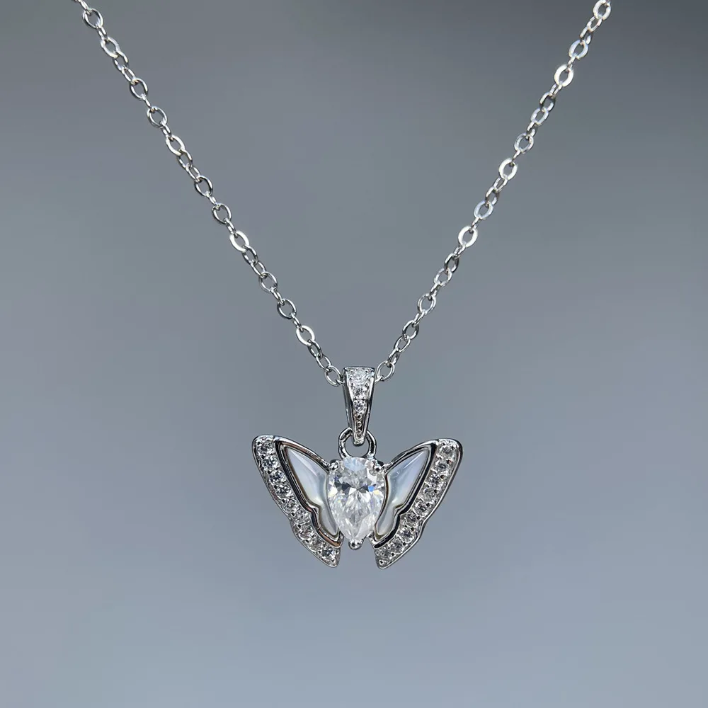 

S925 Rhodium Plated 0.5CT D Color Moissanite & Mother-of-Pearl Butterfly Pendant Necklace for Women Elegant Jewelry Gift.