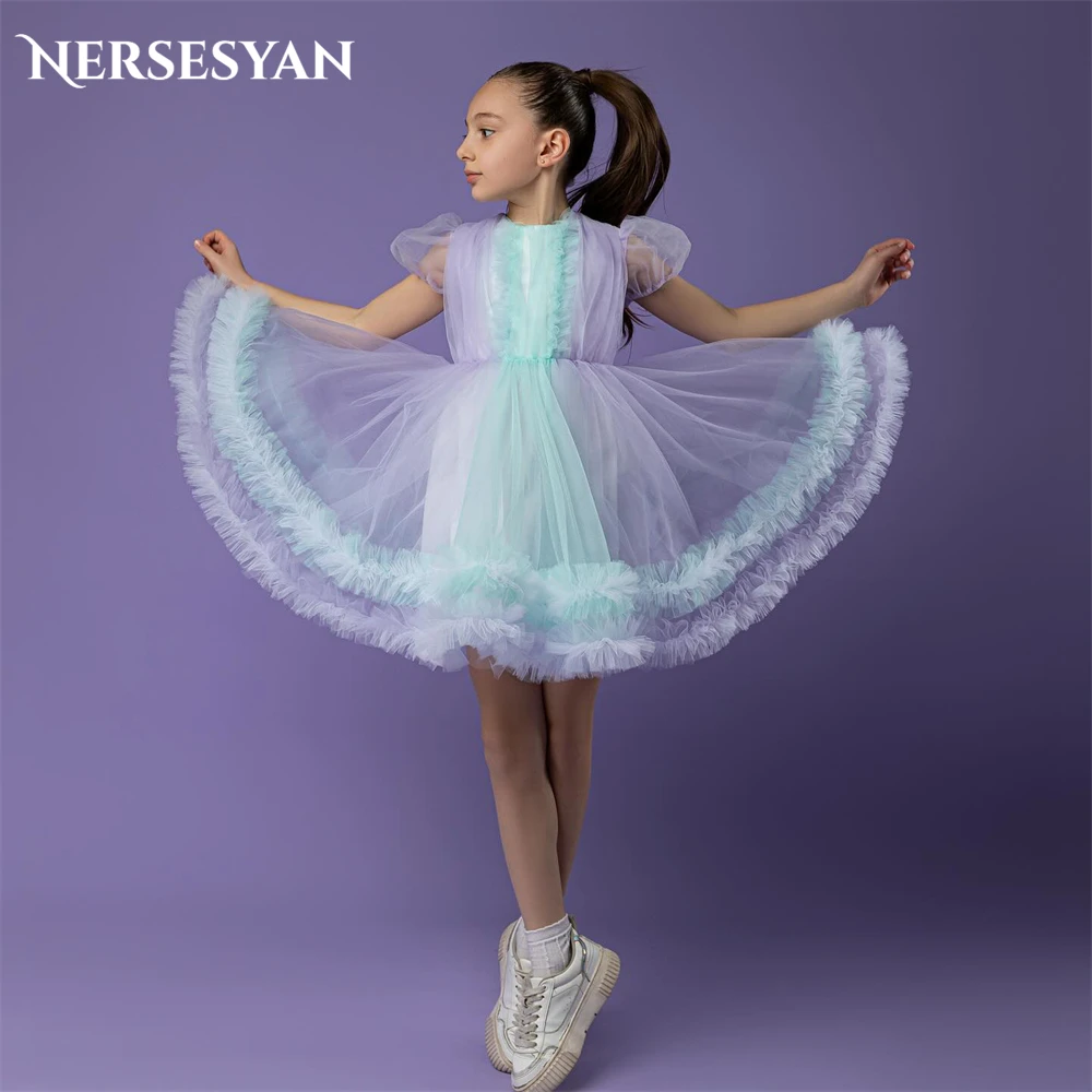 

Nersesyan Mix Colors Flower Girl Dresses For Wedding Ruched Ruffles A-Line Puff Sleeves Short Birthday Party Gowns Occasional