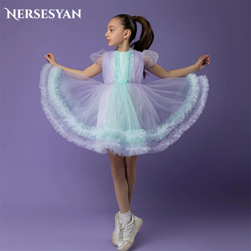 Nersesyan Mix Colors Flower Girl Dresses For Wedding Ruched Ruffles A-Line Puff Sleeves Short Birthday Party Gowns Occasional