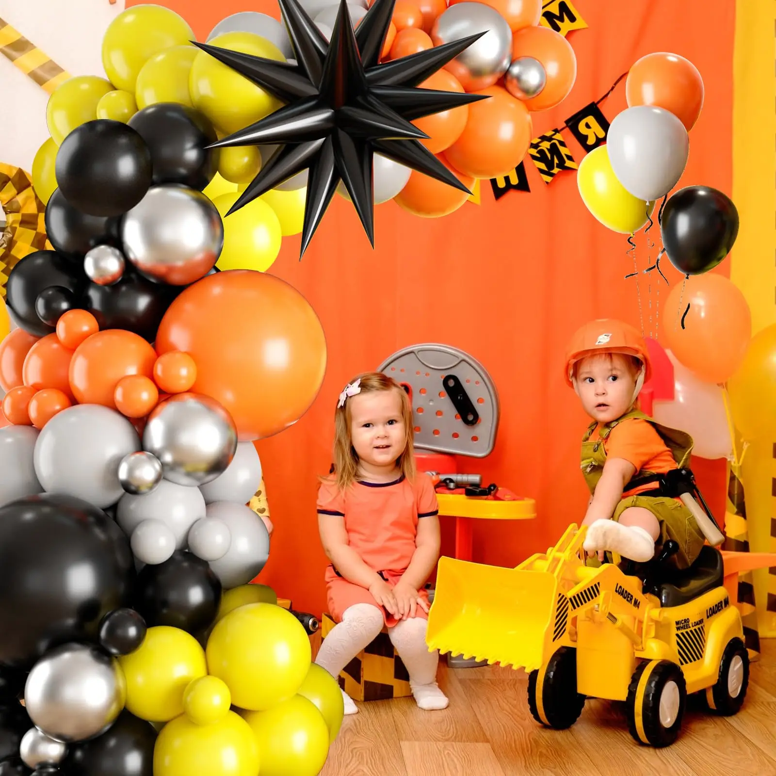 126PCS Orange Black Yellow Silver Construction Party Balloon Garland Kit for Kids Birthday Baby Shower Party Decoration Supply