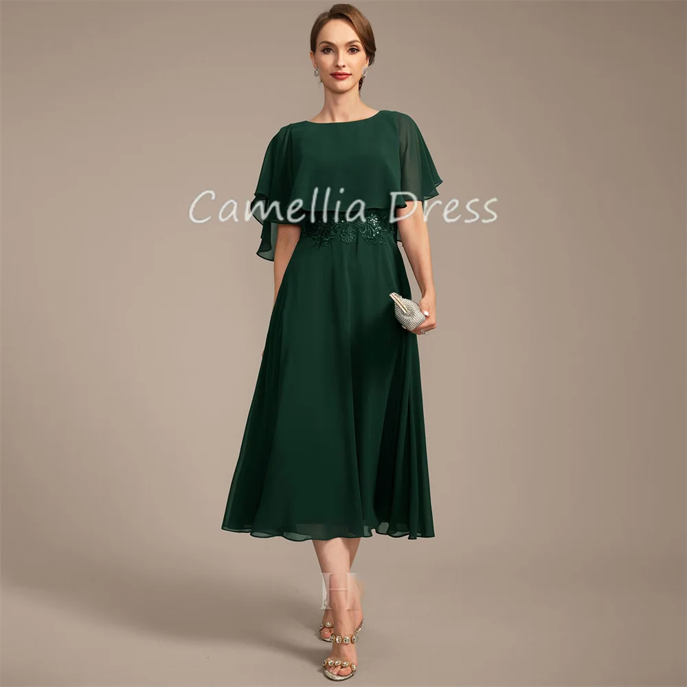 

Elegant Scoop Neck Mother Of The Bride Dress A-line Tea-Length Chiffon Formal Dresses Appliques Vestidos Mae Da Noiva Casamentos