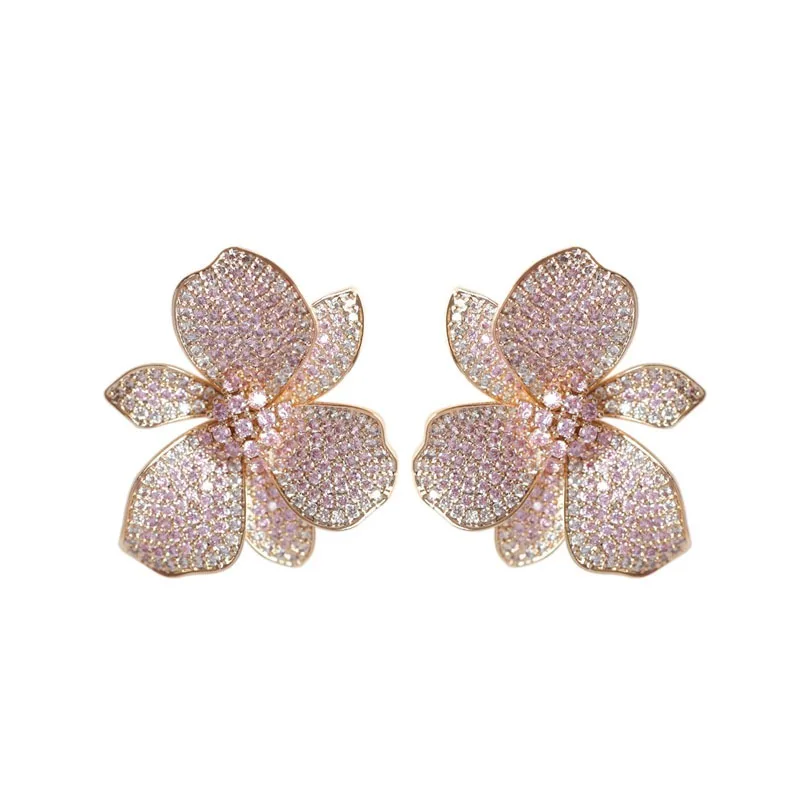 Europe hot fashion jewelry 18K gold plated copper zircon exaggerated flower earrings luxury women\'s wedding party accessories