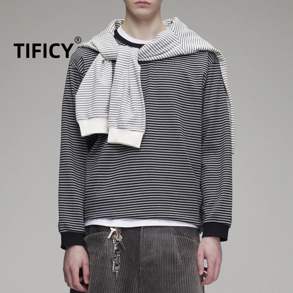High Street Tees Tshirts 95%cotton Men's Retro Striped Long Sleeved Hoodie Base Shirt Spring Autumn Streetwear T-shirt Top