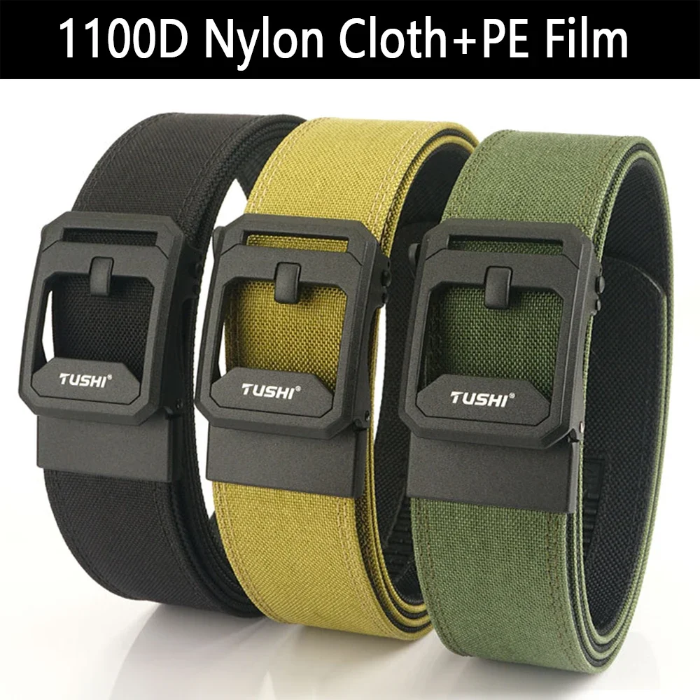 TUSHI Brand 4.3CM Wide Double-layer Reinforced Automatic Buckle Shooting Training Quick Hanging Pistol Mens Belt Nylon Outdoor