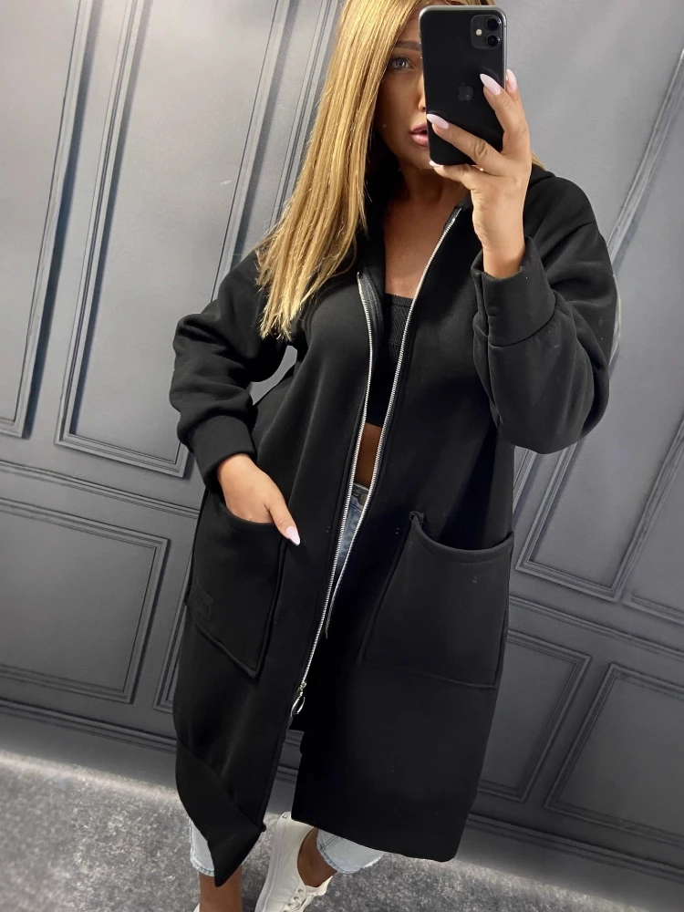 

2023 осенне-зимняя модная новая женская элегантная свободная ветровка с капюшоном, толстое теплое пальто с длинными рукавами, толстовка с большим карманом